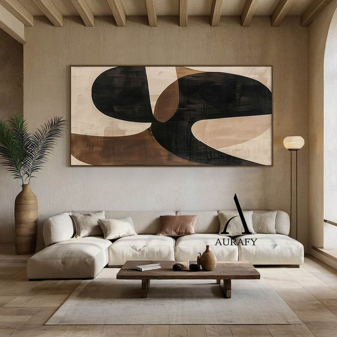 Wabi Sabi Beige Brown Hand-Painted Art Organic Curves Brushstroke Texture Tactile Wall Decor AURA575