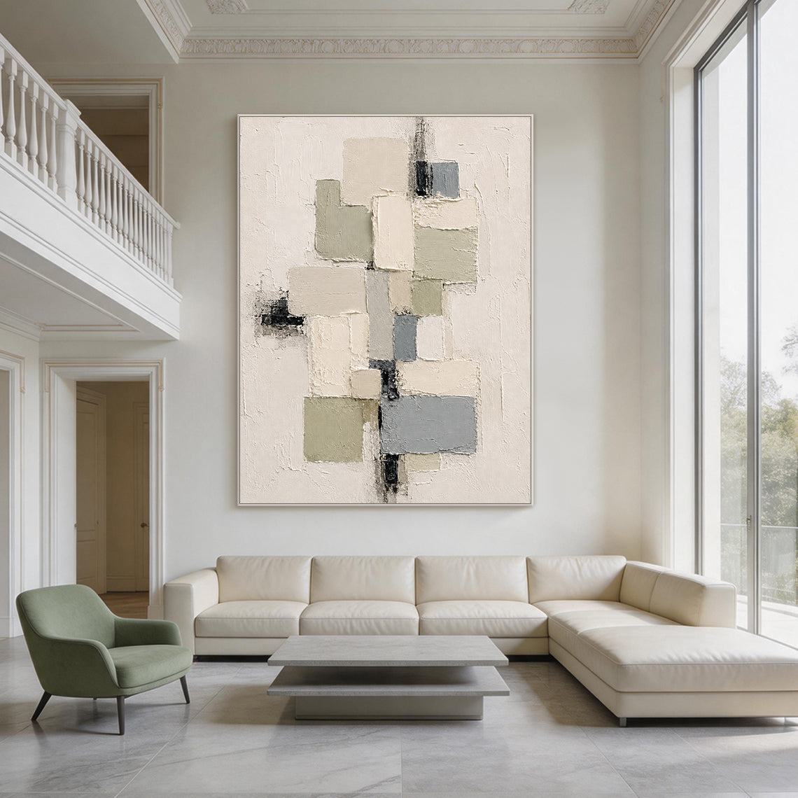 3D Textured Plaster Painting Wabi-Sabi Japandi Geometric Green Beige Knife Stroke Sculpted Canvas Wall Decor AURA753