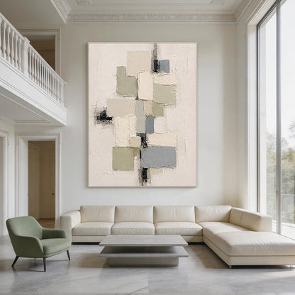3D Textured Plaster Painting Wabi-Sabi Japandi Geometric Green Beige Knife Stroke Sculpted Canvas Wall Decor AURA753