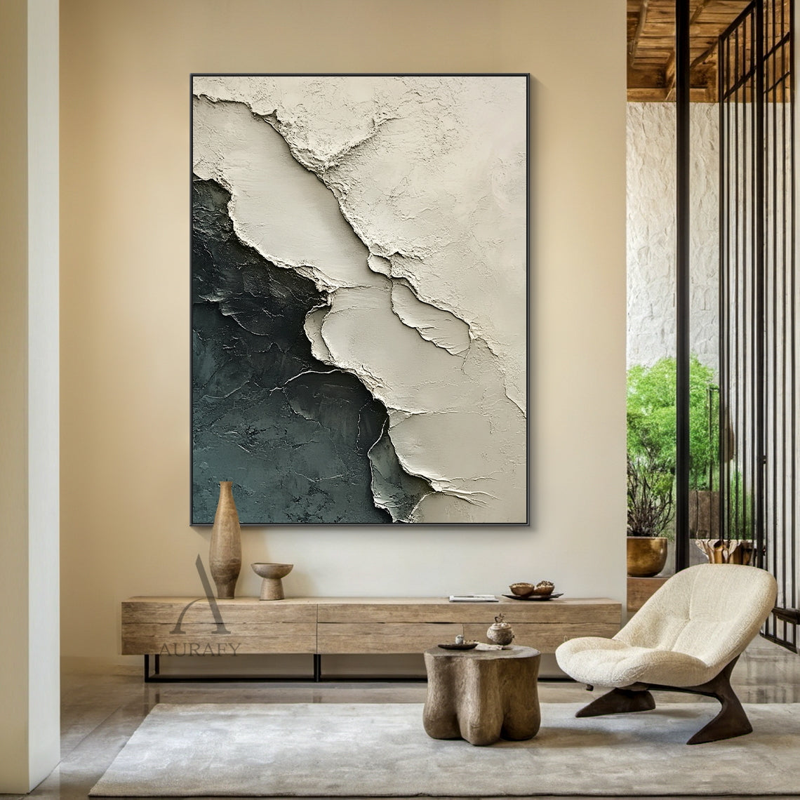 Abstract Landscape Art Impasto Cracked Texture Beige Black Wabi-Sabi Tactile Canvas Wall Decor AURA440