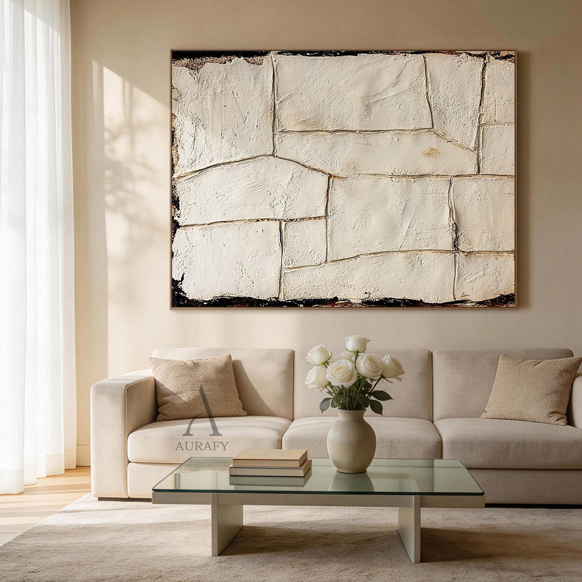 Beige 3D Textured Painting for Modern Living Room Home Decor AURA363