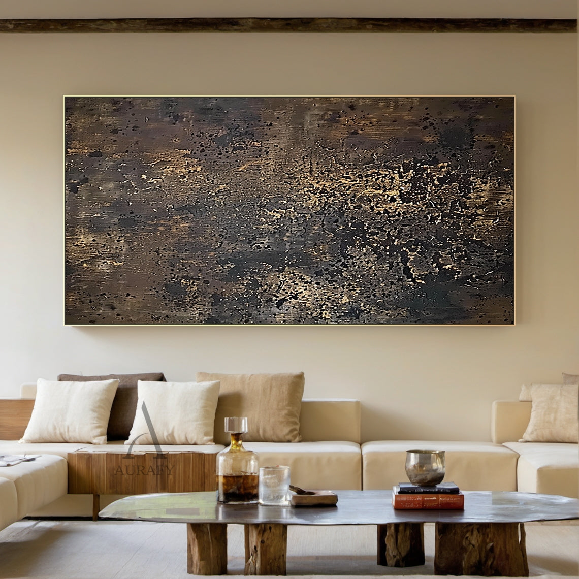 Brown Abstract Texture Painting with Scattered Golden Flecks - AURA839