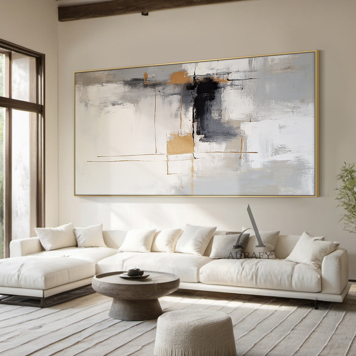 Modern Abstract Gray White Tactile Brushstroke Gold Accent Minimalist Luxe Wall Art AURA493