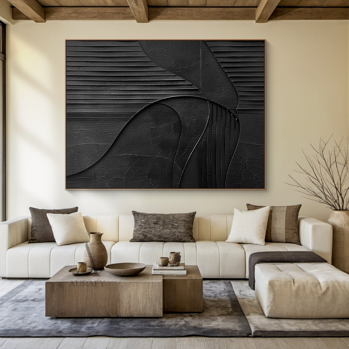 Minimalist Black Wall Art Crackled Texture Vertical Striped Tactile Sculpted Abstract Modern Organic AURA425