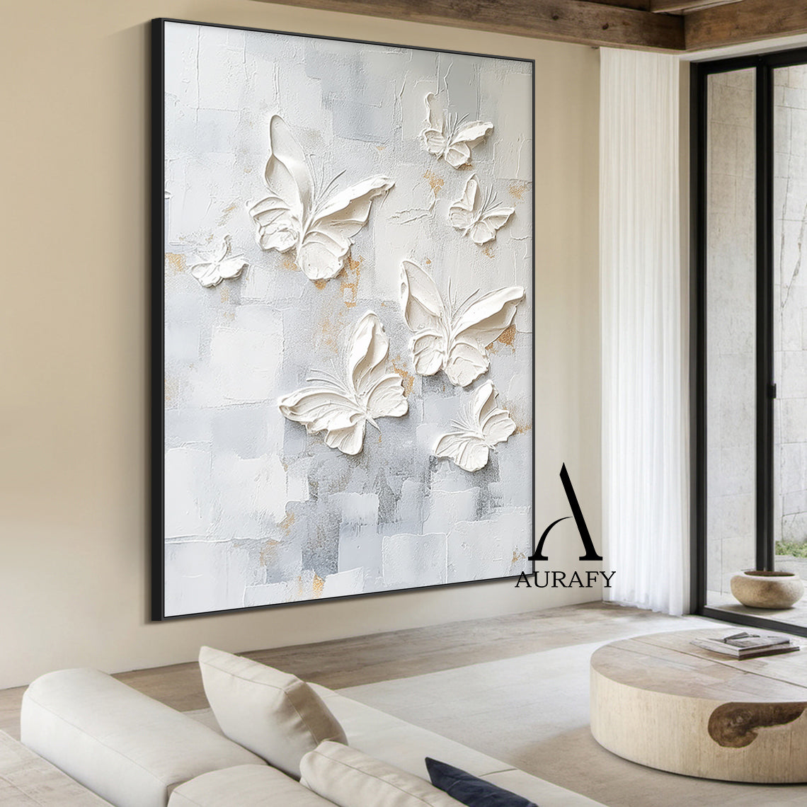 3D Textured Butterfly Art High-Relief Impasto White Beige Modern Minimalist Luxe Painting with Gold Accents AURA531