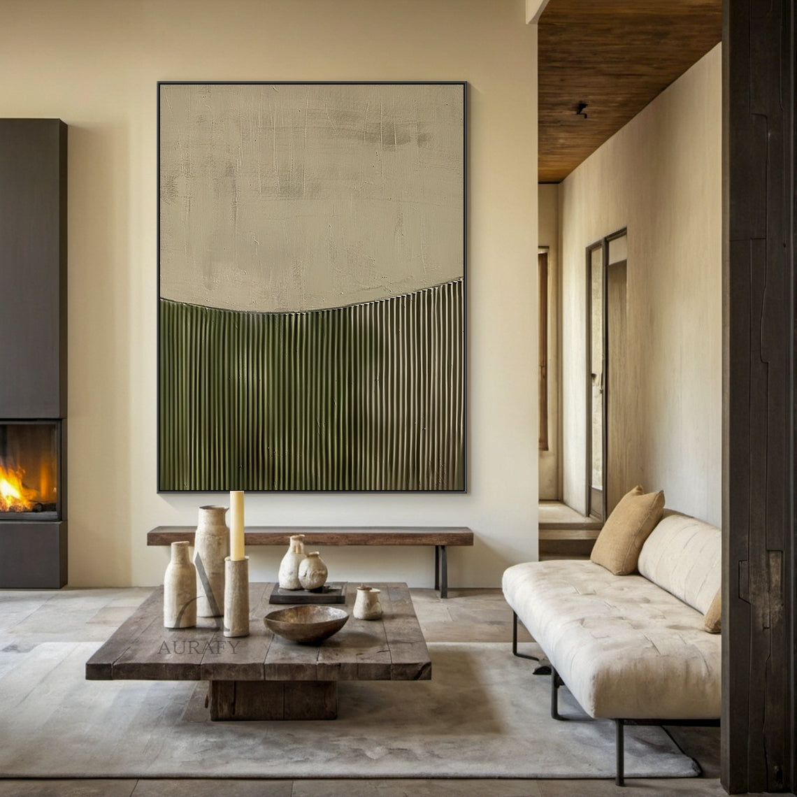 3D Textured Painting Beige Green Tactile Surface High-Relief Sculpted Vertical Stripes Modern Organic AURA465