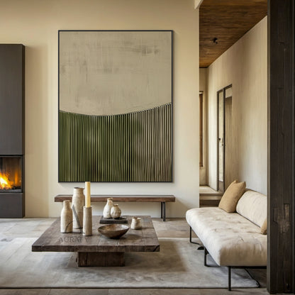 3D Textured Painting Beige Green Tactile Surface High-Relief Sculpted Vertical Stripes Modern Organic AURA465