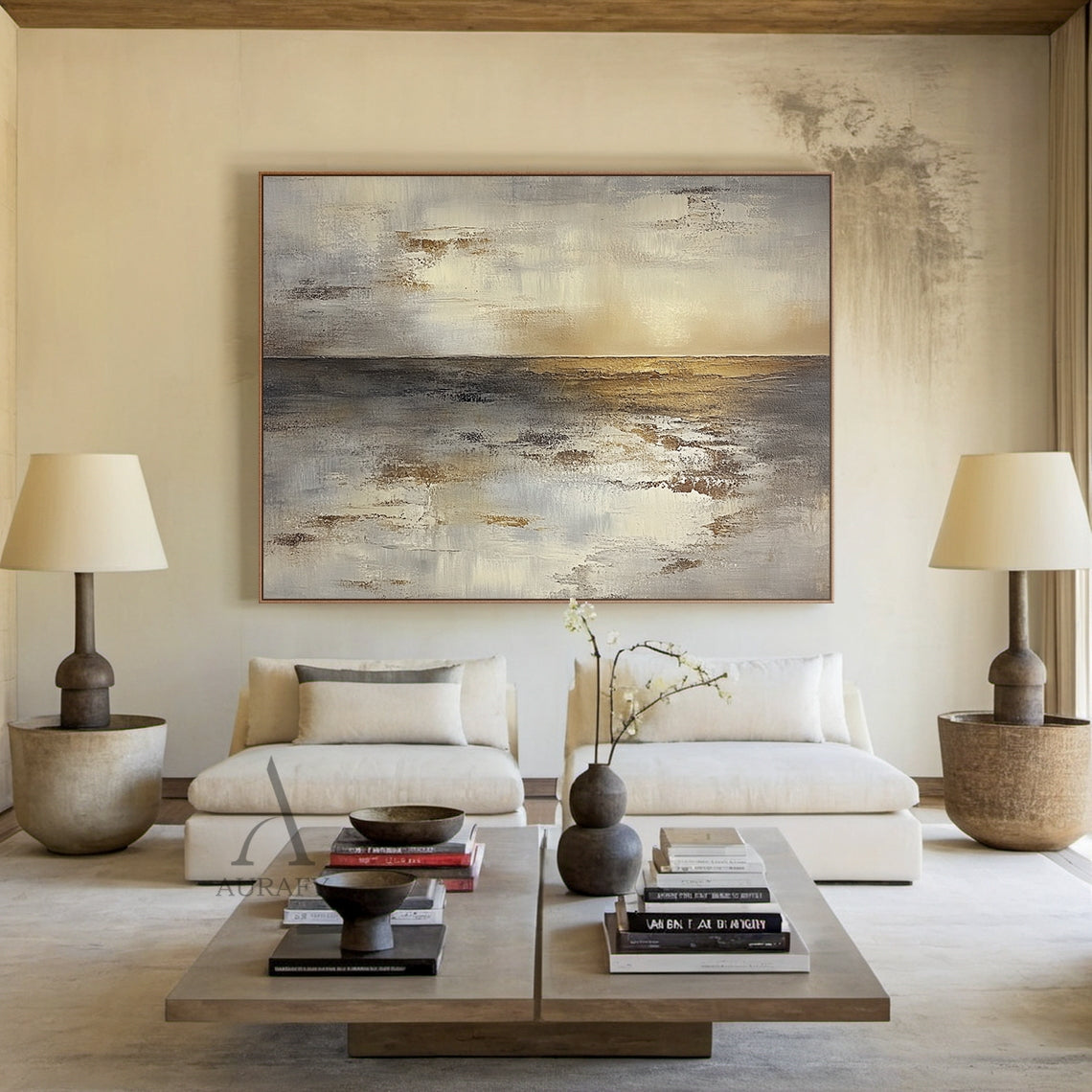 Beige and Brown Atmospheric Abstract Painting with Rippling Light - AURA827