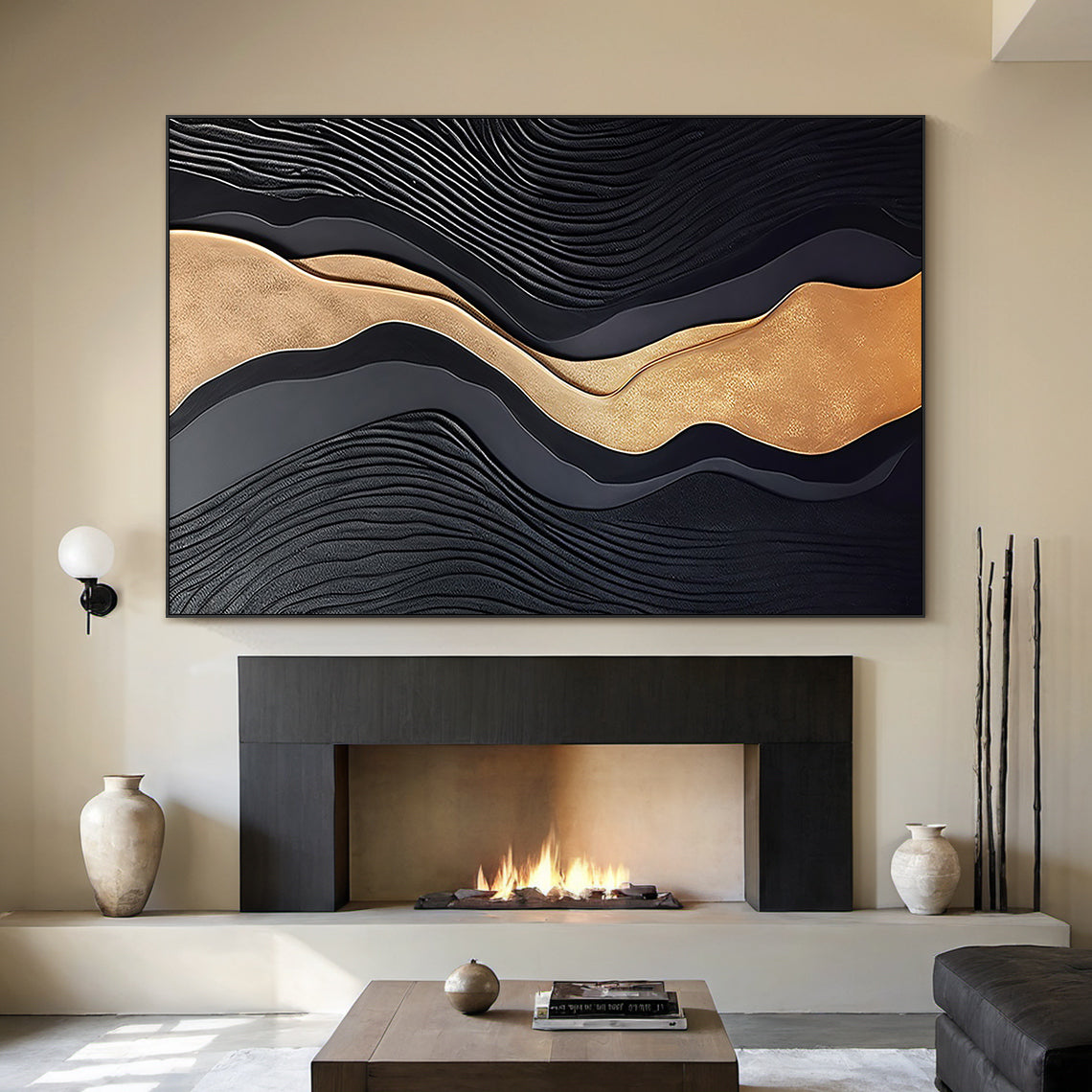 Metallic Topography Painting – Onyx & Gold Accents – AURA033(Square)