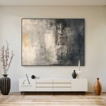 Abstract Black Beige Artwork with Tactile Scratched Texture Mottled Patches Worn Finish Minimalist Luxe AURA639
