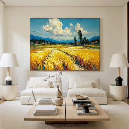 Impasto Textured Yellow Blue Wheat Field Landscape Hand Painted Oil Painting Wall Art Canvas Decor AURA745