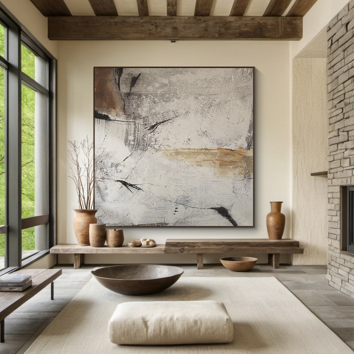 Ash Fragment Abstract Art – Textured Neutral Brushwork Canvas – AURA032