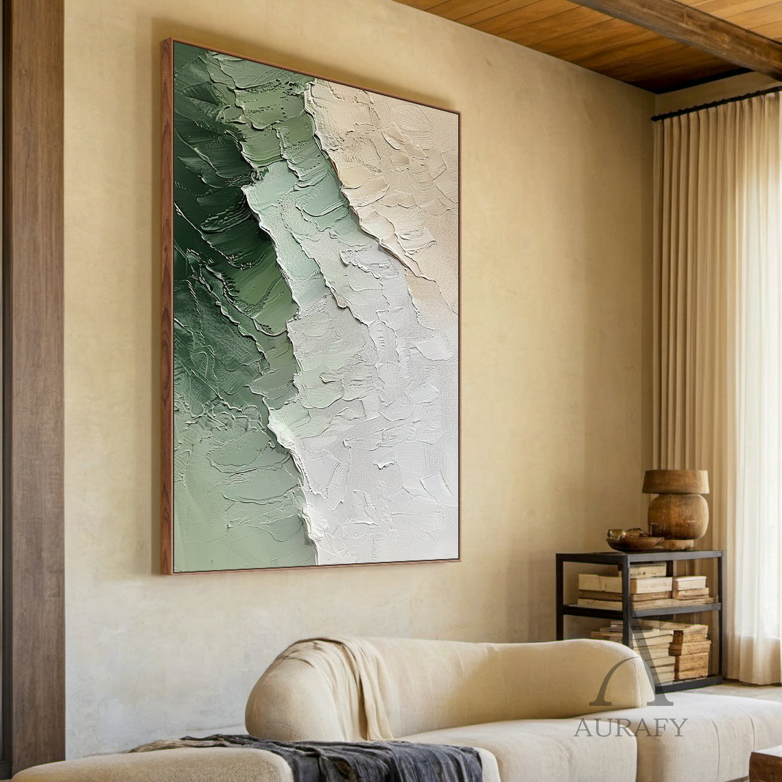 Modern 3D Textured Painting Green Beige for Living Room Decor AURA282
