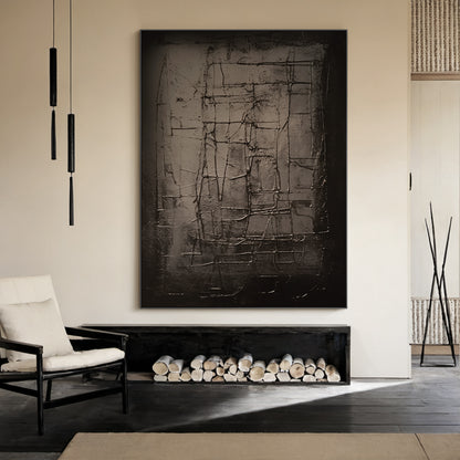 Textural Grid Painting – Deep Charcoal Canvas – AURA019(Horizontal)