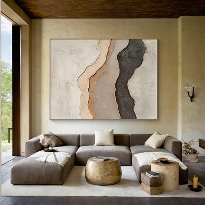 Beige Abstract Landscape Layered Plaster Textured High-Relief Tactile Minimalist Modern Organic Artwork AURA438