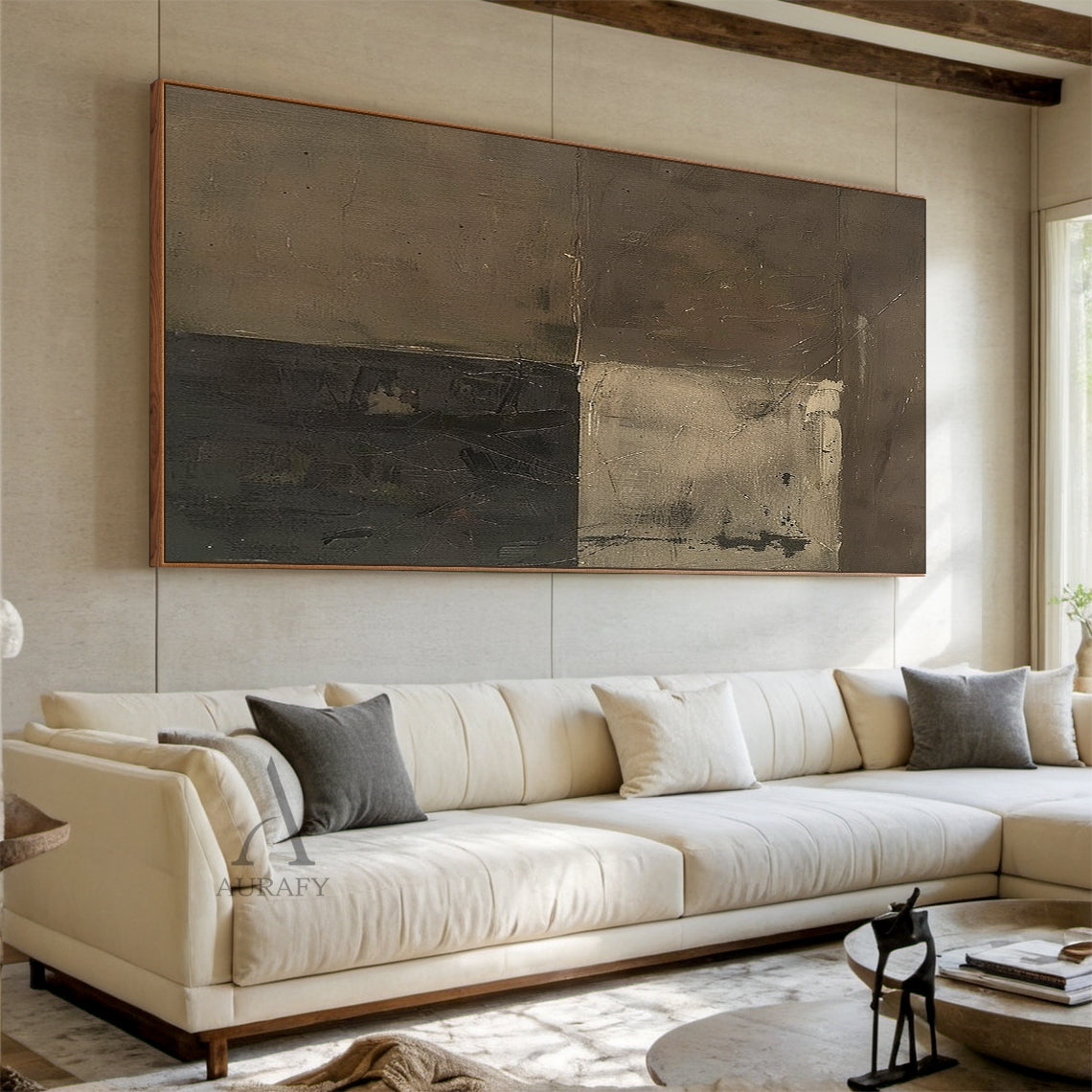 Brown and Charcoal Abstract Block Painting with Weathered Texture - AURA822