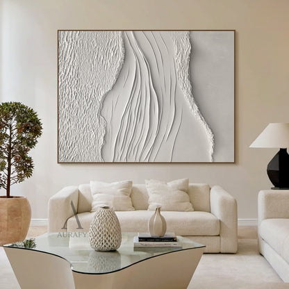 White Sea Textured Artwork High-Relief Plaster Tactile Surface Sculpted Lines Modern Organic AURA443