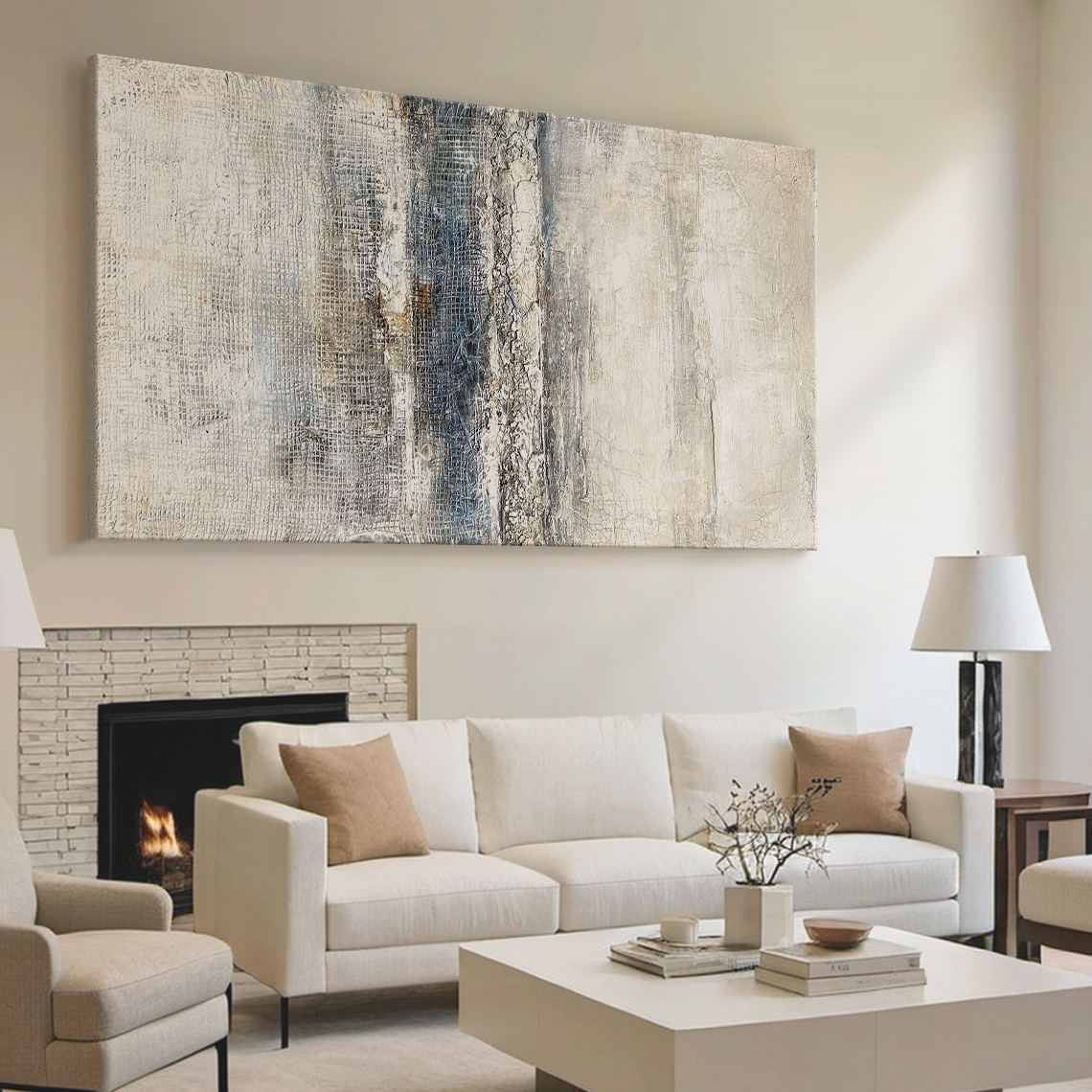Frozen Silence – White & Grey Wabi-Sabi Textured Wall Art – AURA036(Horizontal)