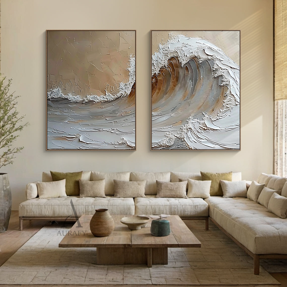 Brown Textured Ocean Wave Wall Art Set of 2 - AURA670