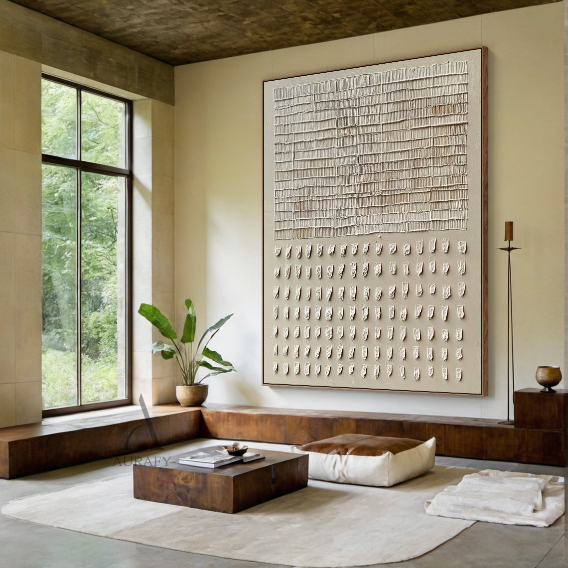 Set of 2 Beige & Black Wabi Sabi Abstract Wall Art | Cracked Plaster Japandi Panels | AURA806