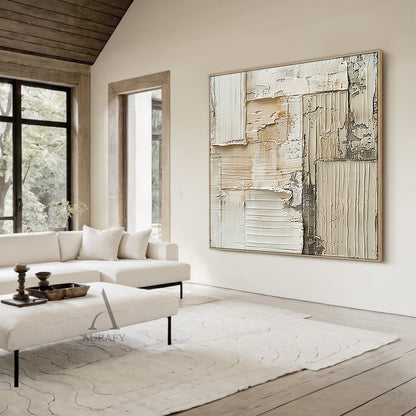 Weathered Grid, Beige Ridged Plaster Abstract Painting AURA868