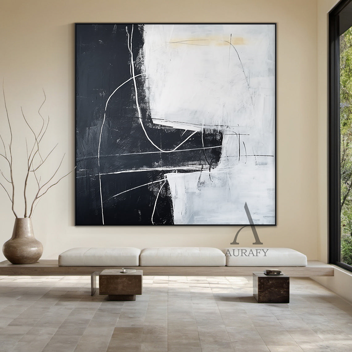 Black White Abstract Art with Rough Brushstrokes Geometric Blocks Organic Lines Tactile Surface AURA492