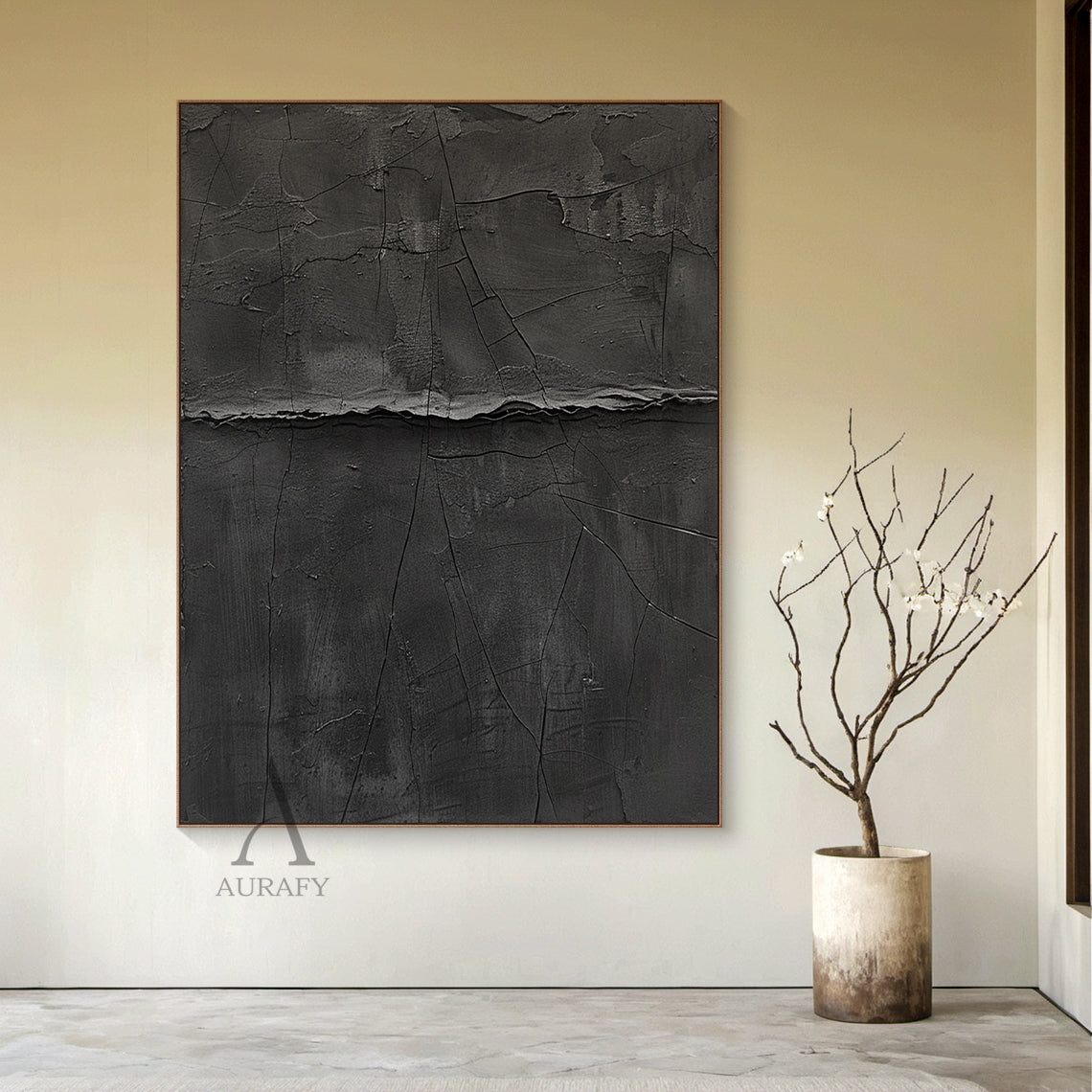 Minimalist Black Wall Art Cracked Tactile Surface High-Relief Wabi-Sabi Inspired Decorative Artwork AURA427