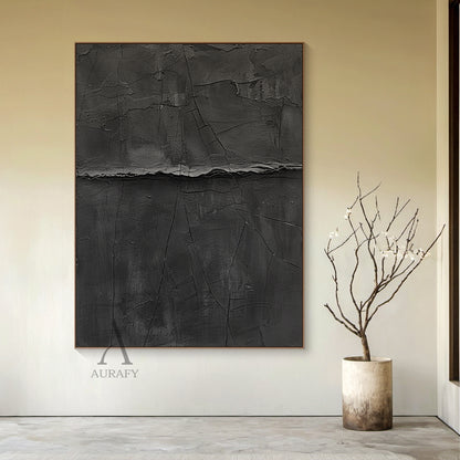 Minimalist Black Wall Art Cracked Tactile Surface High-Relief Wabi-Sabi Inspired Decorative Artwork AURA427