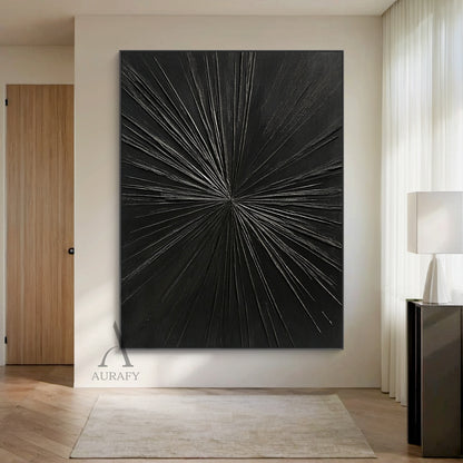 Minimalist Black Wall Art Tactile High-Relief Scratch-Textured Silver Metallic Lines Sculpted Abstract AURA456