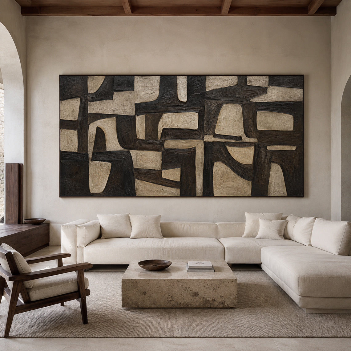Plaster Textured Abstract Wall Art Black Brown Wabi-Sabi Japandi Minimalist Geometric Tactile Handcrafted Canvas Decor AURA769