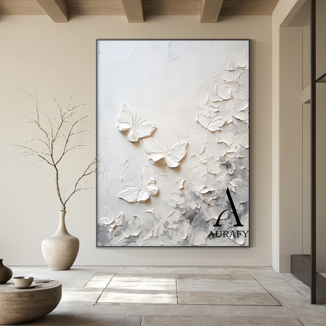 3D Textured Beige Butterfly Painting High-Relief Tactile Surface Modern Organic Minimalist Luxe Art AURA532