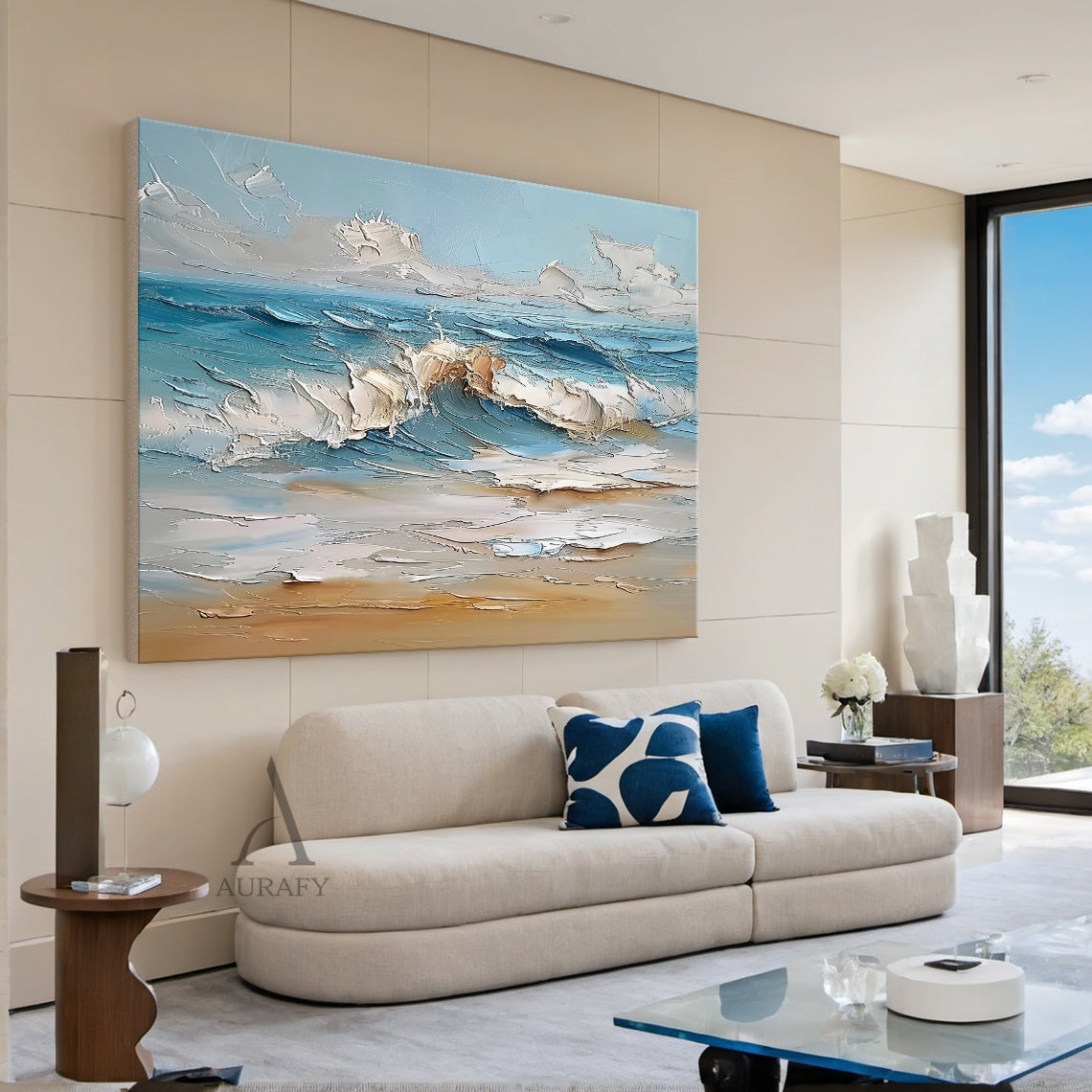 Blue Coastal Wave Beach Wall Art - AURA681