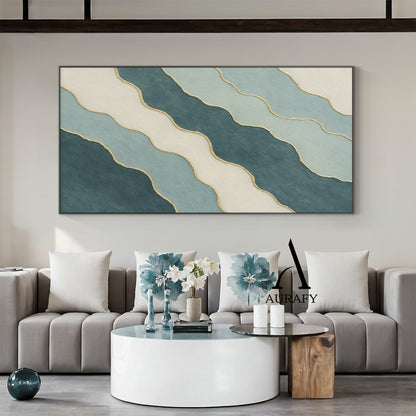3D Textured Abstract Painting Blue White Green Gold Accent Tactile Minimalist Luxe AurafyArt AURA520