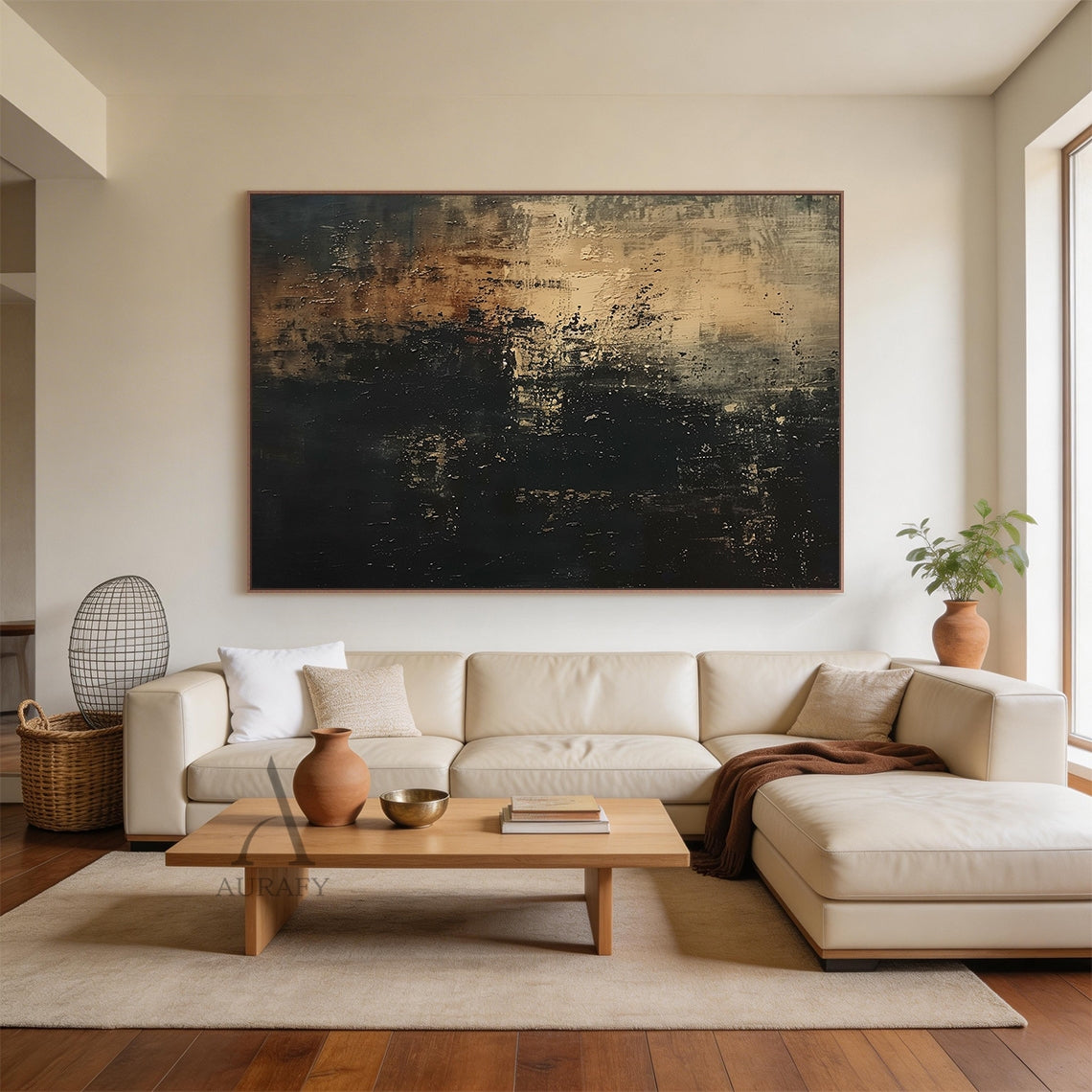 Fault Line, Brown and Black Split-Field Textured Painting AURA873