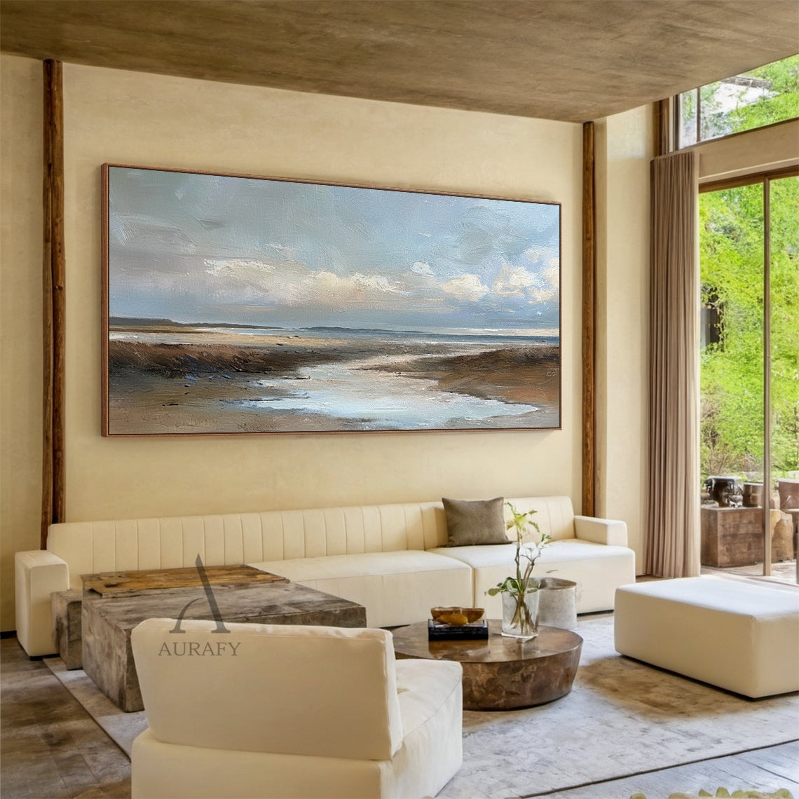 Blue Brown Knife Stroke Coastal Landscape Wabi-Sabi Textured Canvas Minimalist Oil Wall Art Decor AURA741