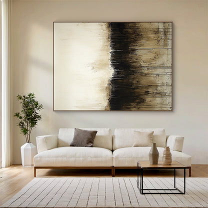 Wabi Sabi Abstract Art Beige Black Hand-Painted Drips Tactile Surface Organic Lines Unrefined Texture AURA583