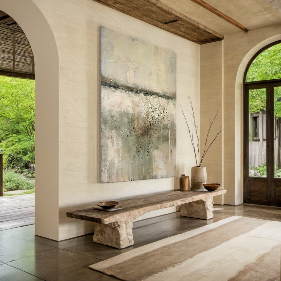 VerdaMossed Silence-Green & Beige Wabi-Sabi Art-AURA080