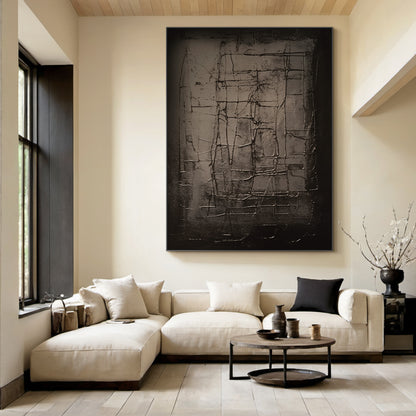 Textural Grid Painting-Deep Charcoal Canvas-AURA019
