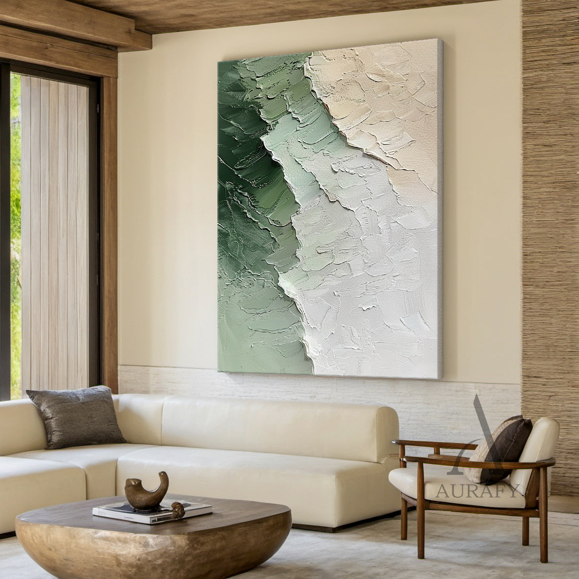 Modern 3D Textured Painting Green Beige for Living Room Decor AURA282