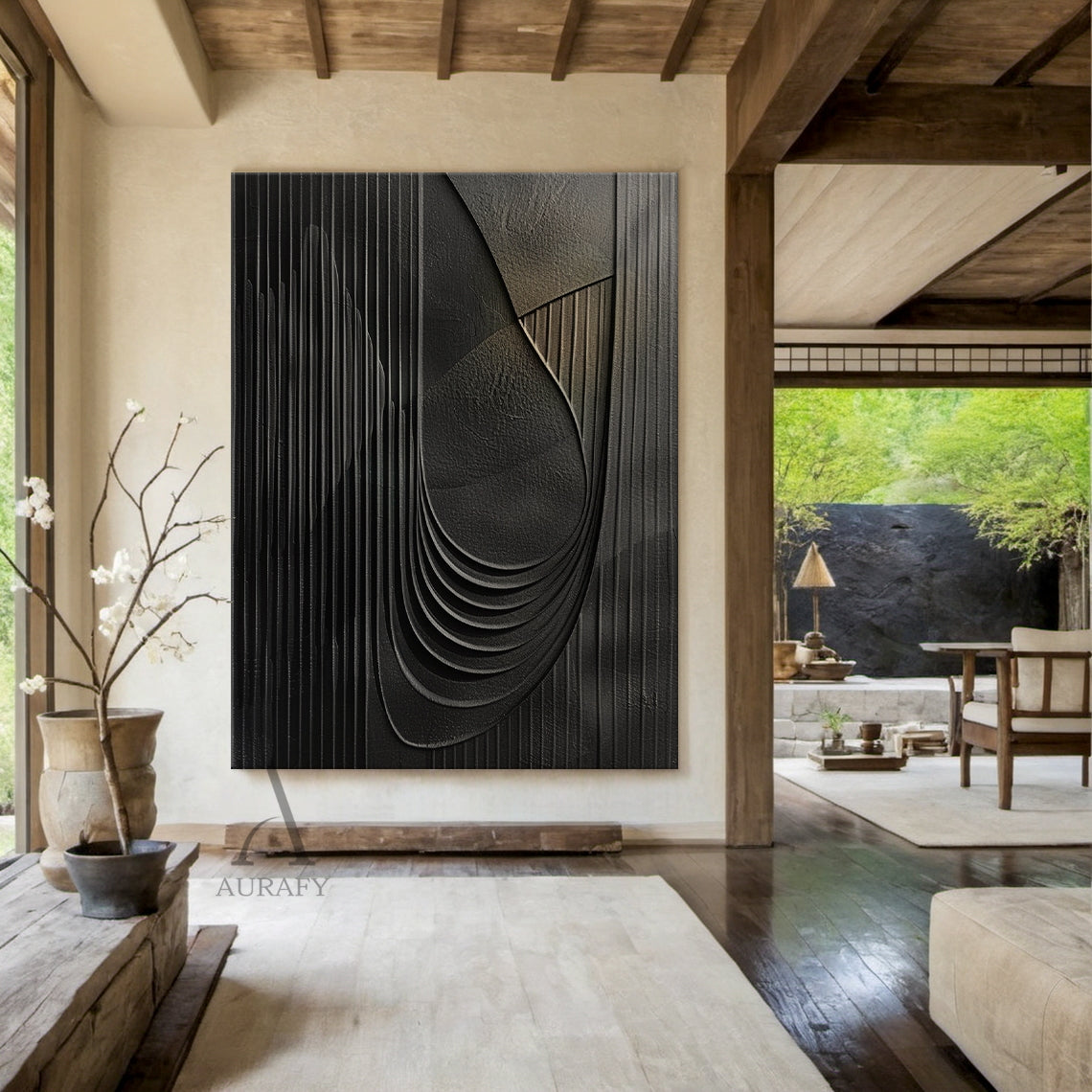 Minimalist Black Wall Art Sculpted High-Relief Tactile Surface Layered Curves Vertical Stripes AURA429