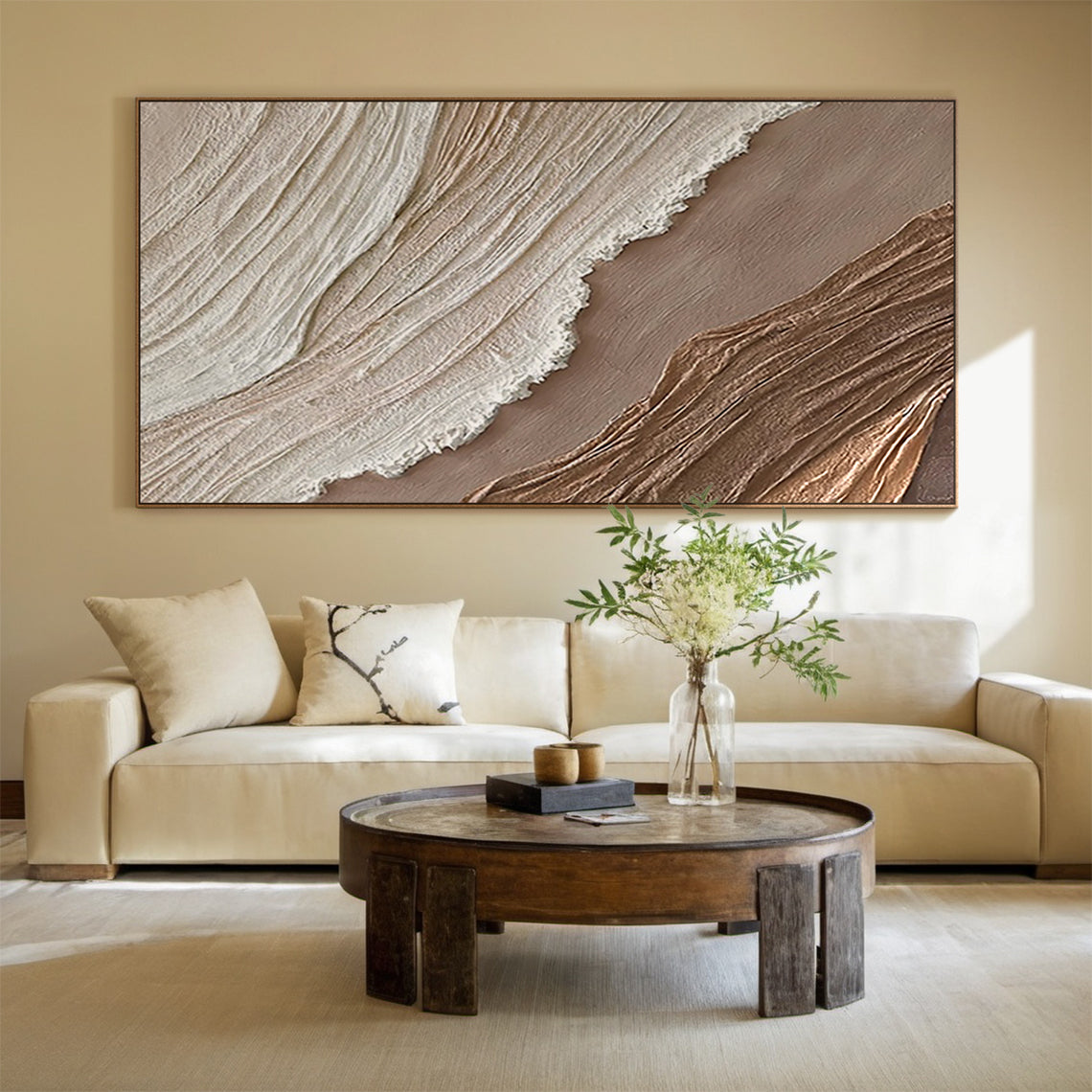 Minimalist Grid Texture Wall Art – Warm Beige Tones – AURA033（Vertical）