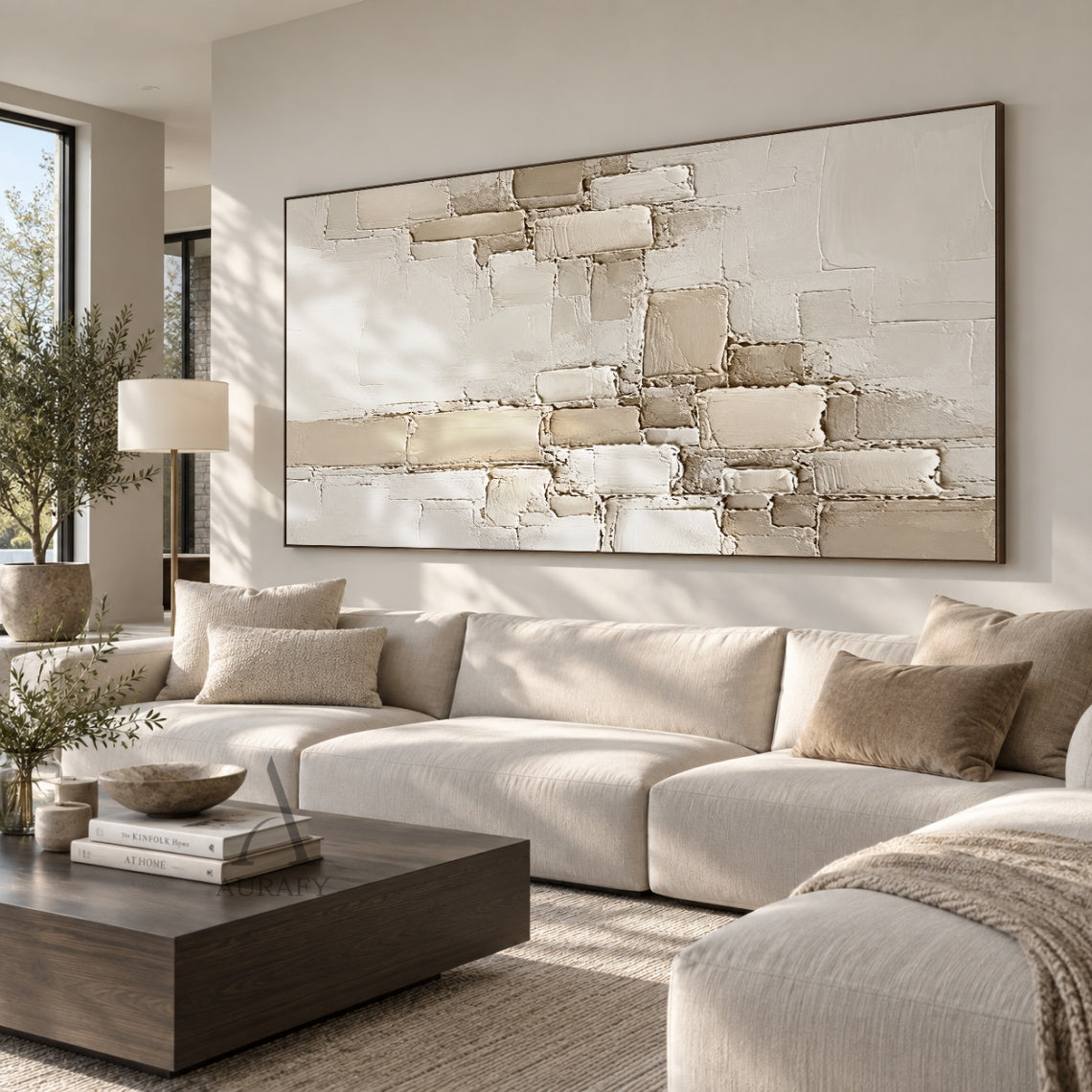 Raised Grid, Beige Geometric Impasto Wall Art AURA863