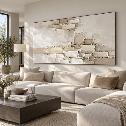 Raised Grid, Beige Geometric Impasto Wall Art AURA863