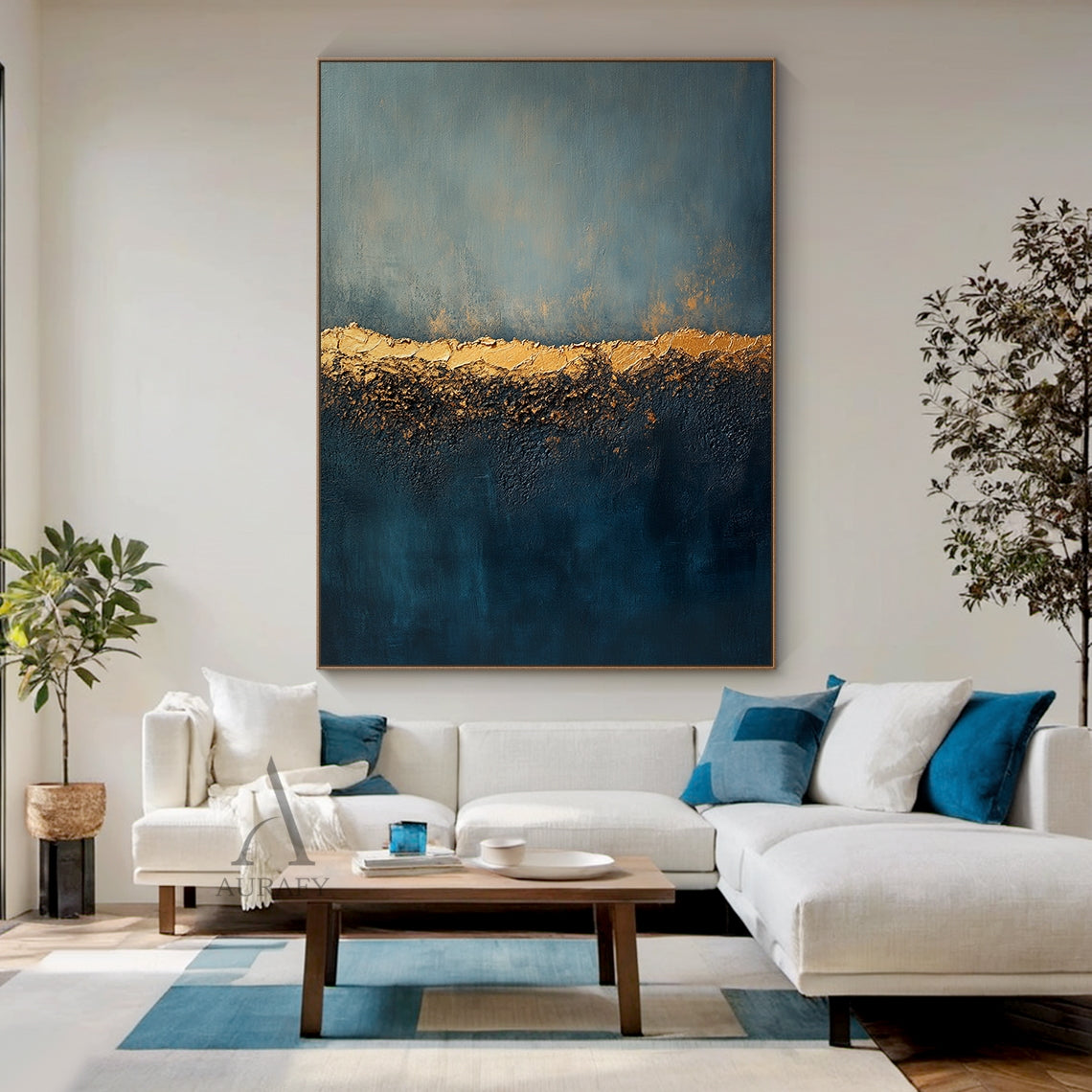 Blue Gold Abstract Plaster Textured High Relief Japandi Wabi-Sabi Minimalist Luxe Canvas Wall Art AURA726