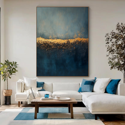 Blue Gold Abstract Plaster Textured High Relief Japandi Wabi-Sabi Minimalist Luxe Canvas Wall Art AURA726