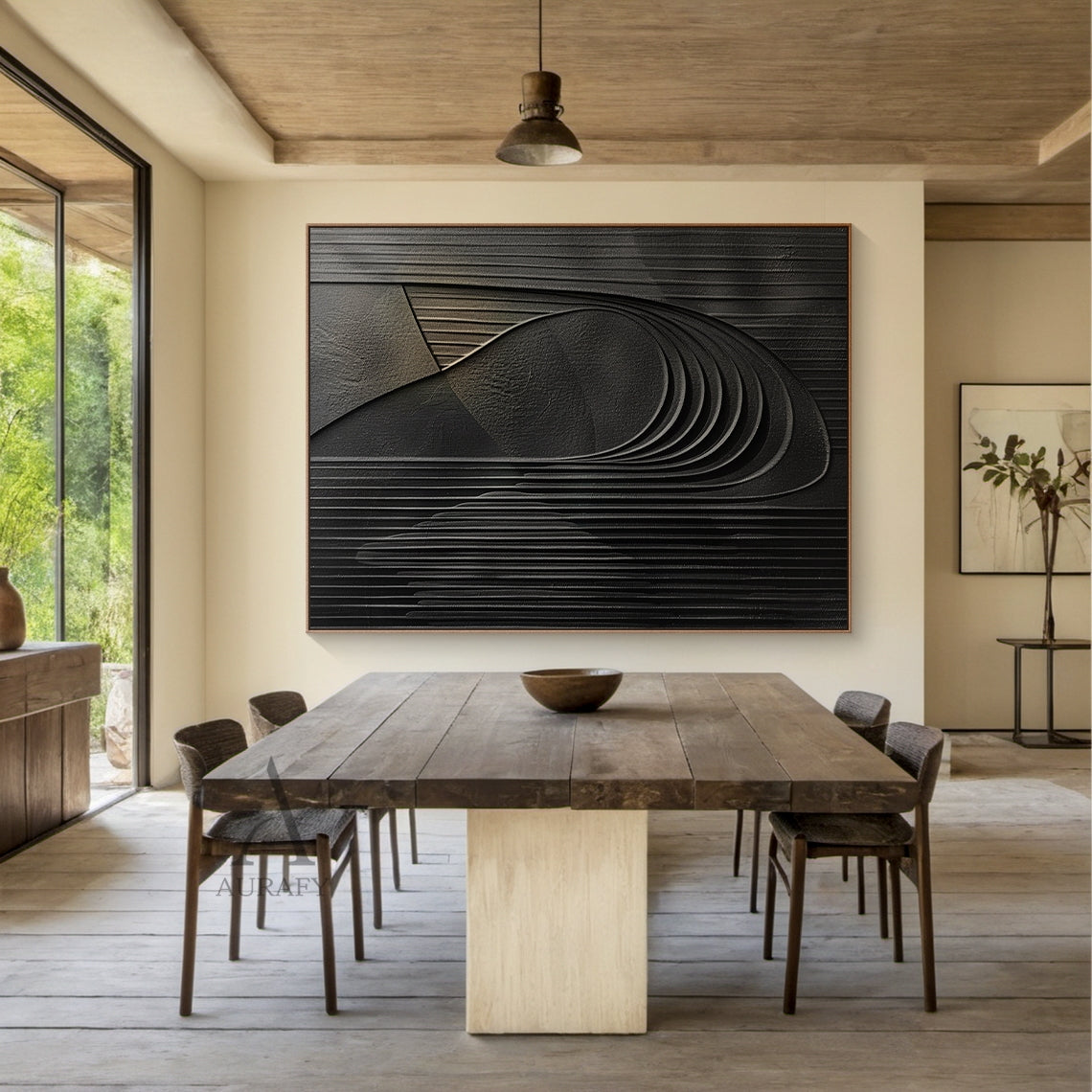 Minimalist Black Wall Art Sculpted High-Relief Tactile Surface Layered Curves Vertical Stripes AURA429