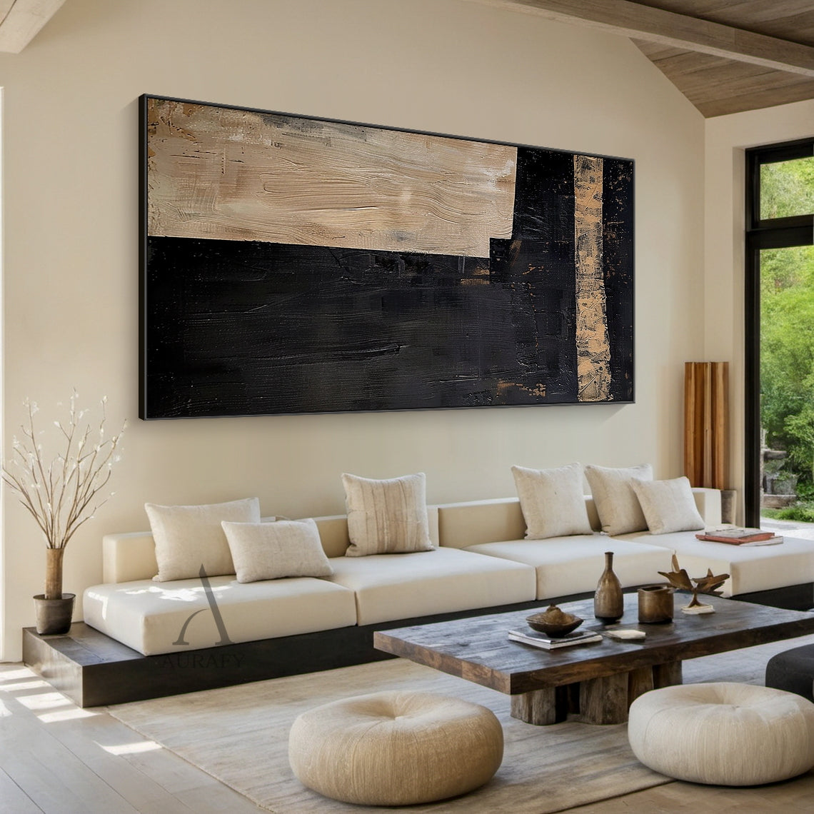 Black Abstract Wall Art with a Striated Beige Panel and Band - AURA843