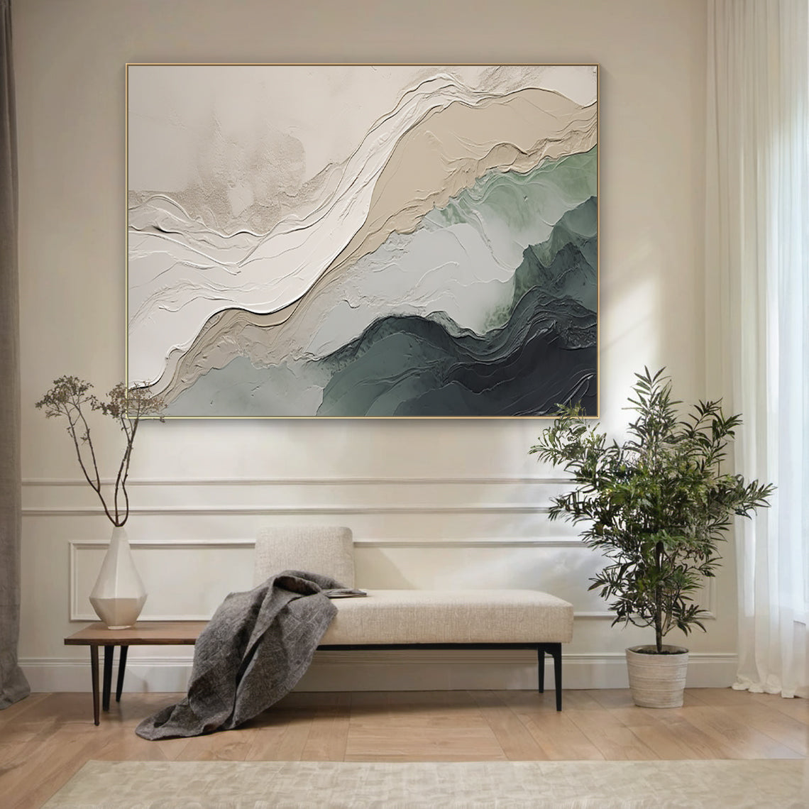 Textural Abstract Wall Art – Ocean Green & Sand Layers – AURA039(Horizontal)