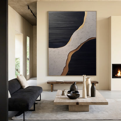 Flowing Contrast Black Gold Texture Wall Art – AURA005(Vertical)