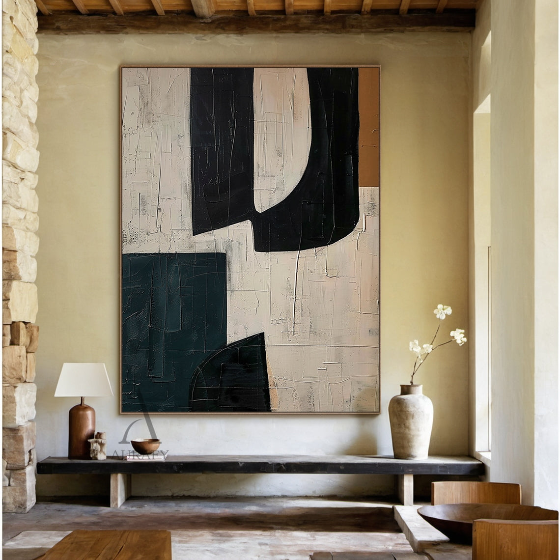 Black Curved Forms on Beige Abstract Wall Art with Deep Teal - AURA840